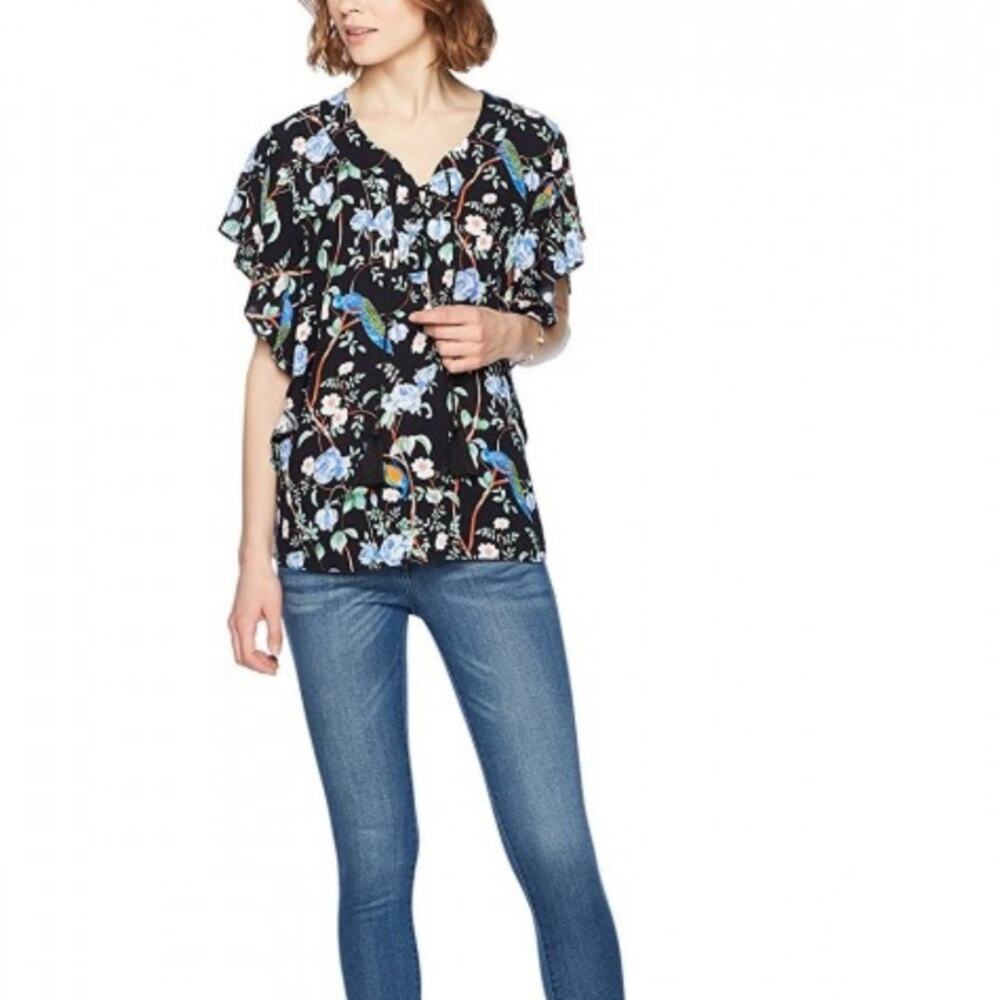 Ella Moon Women's Short Flutter Sleeve Tassel Blouse Blossom Floral  Large